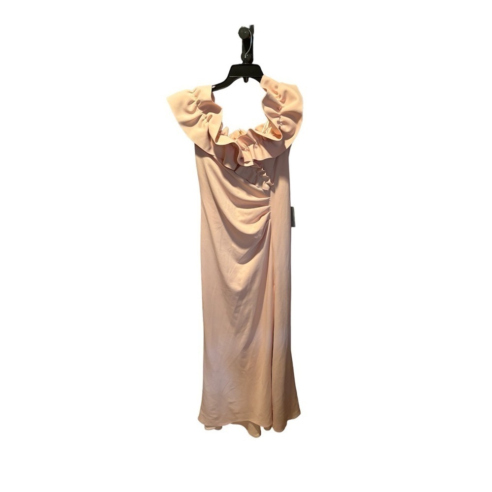Xscape Stretch Ruffle Off The Shoulder Ruched Back Gown in Blush Size 14 NWT